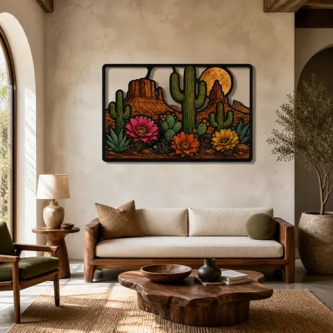 Jardín de cactus del desierto con flores silvestres coloridas - Arte mural de metal