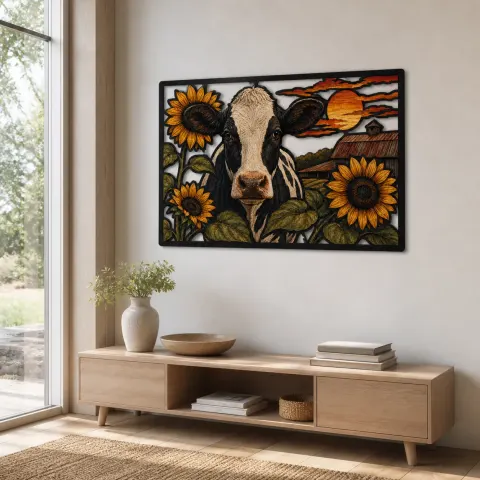 Vista alternativa de Vaca Holstein con Girasoles por Rustic Barn Decoración Mural de Metal Colorida