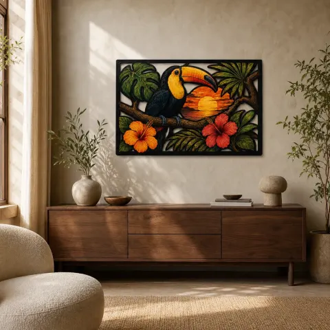 Tucano con Hibiscus Tropicale al Tramonto Insegna in Metallo Colorata