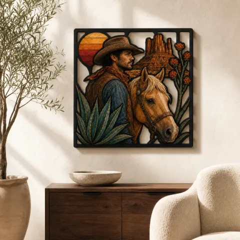 Vaquera con Caballo Palomino al Atardecer en el Desierto Cartel de Metal Colorido