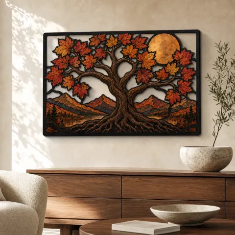 Árbol de Vida Arce de Otoño en Montañas Decoración Mural de Metal Colorida