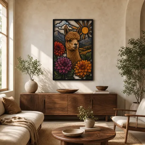 Alpaca con Dalias en Paisaje Montañoso Decoración Mural de Metal Colorida