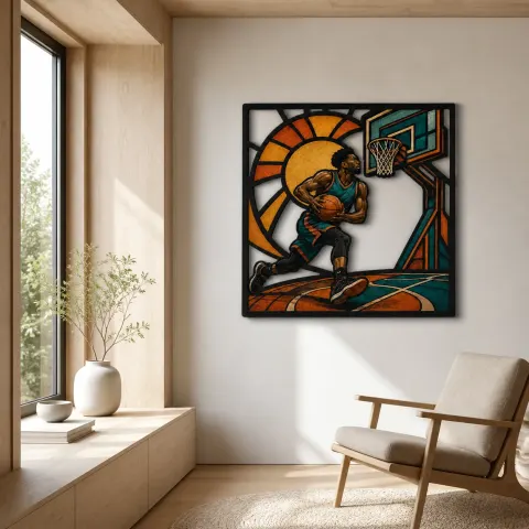 Vista alternativa de Jugador de Baloncesto Avanzando hacia el Aro Decoración Mural de Metal Colorida