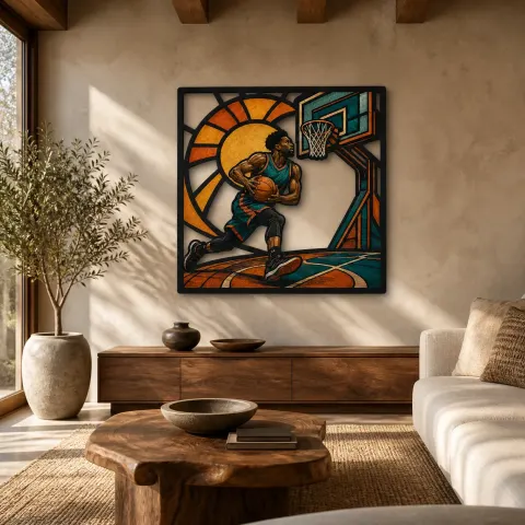 Jugador de Baloncesto Avanzando hacia el Aro Decoración Mural de Metal Colorida