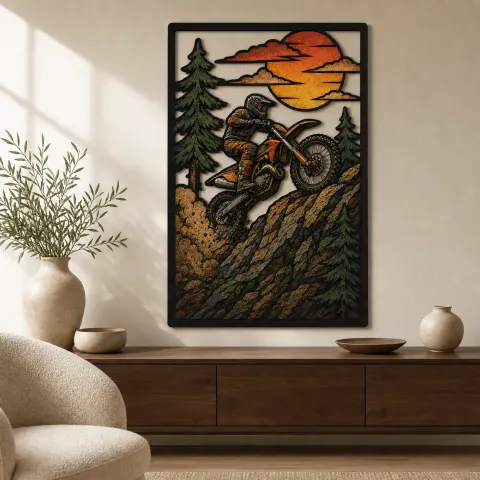 Piloto de motocross saltando en sendero de montaña - Arte mural de metal colorido
