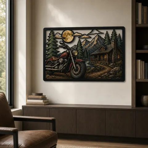 Cartel de metal colorido de motocicleta cruiser fuera de cabaña rústica en la montaña