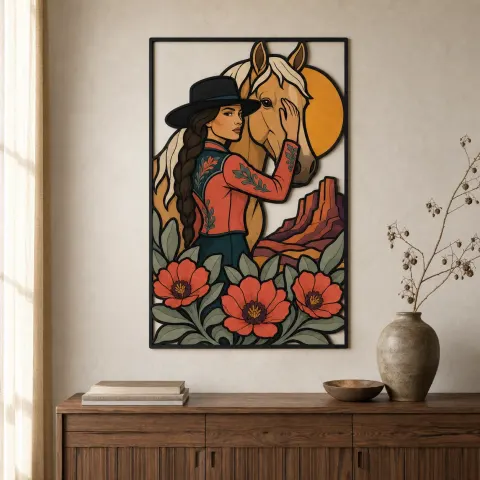 Cartel de metal colorido de vaquera con caballo palomino y amapolas del desierto