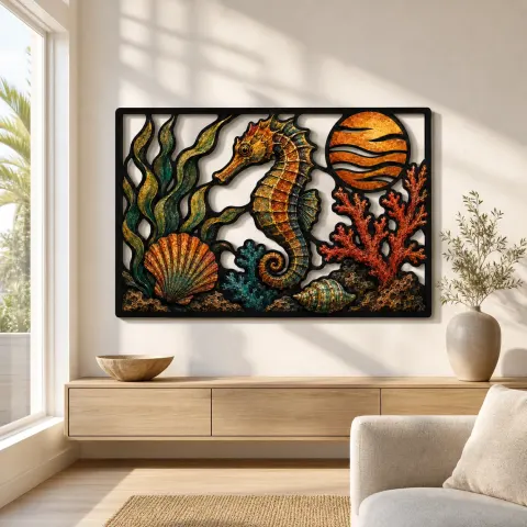 Vista alternativa de Caballito de Mar con Conchas Coral y Atardecer Oceánico Decoración Mural de Metal Colorida