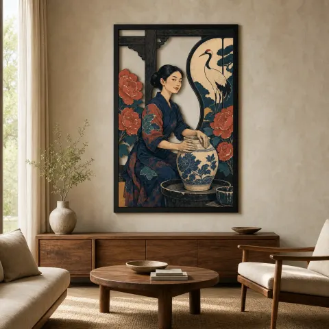 Alfarero Japonés con Grulla, Flores y Luna Decoración Mural de Metal Colorida