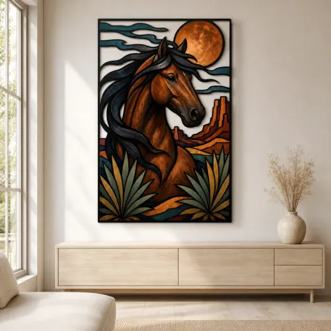 Vista alternativa de Retrato de Caballo Castaño en Desierto del Suroeste Decoración Mural de Metal Colorida