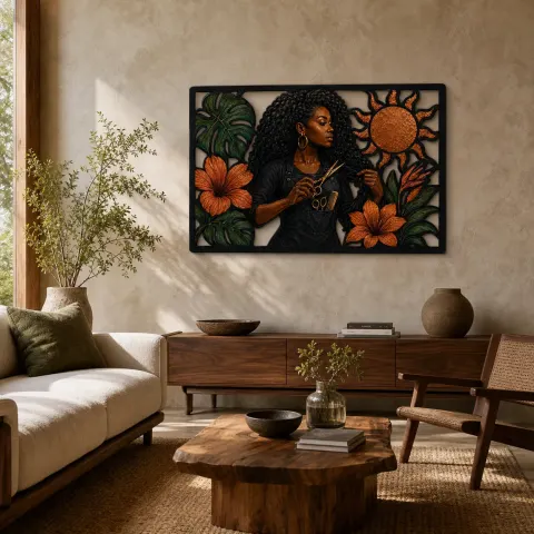 Estilista de Cabello Negra con Hibisco y Monstera Arte Mural de Metal Colorido