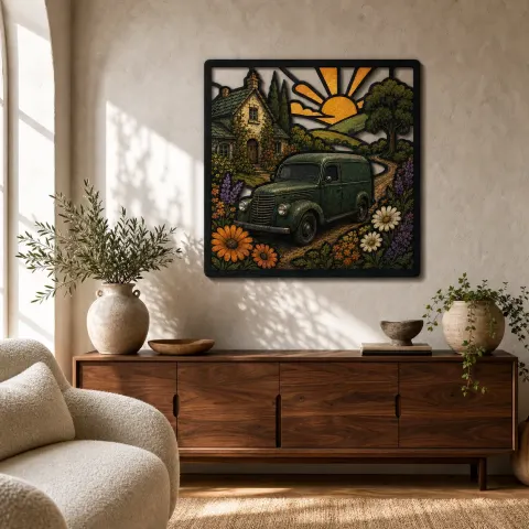 Arte Mural de Metal Colorido con Furgoneta Clásica Fuera de una Cabaña con Flores
