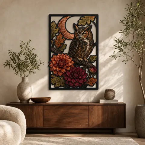 Grand Hibou à Grandes Oreilles avec Dahlias et Lune Croissante Décoration Murale en Métal Colorée