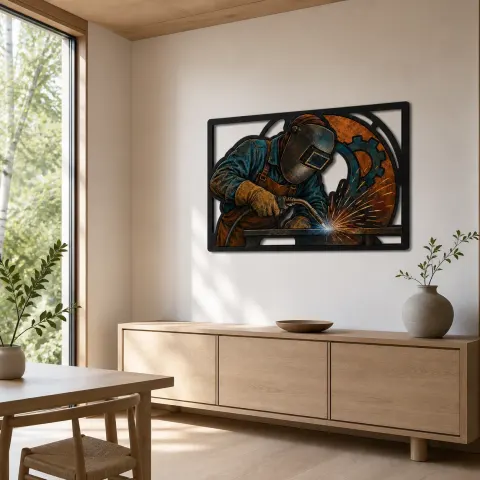 Vista alternativa de Arte Mural de Metal Colorido de Soldador en Trabajo con Chispas y Engranajes