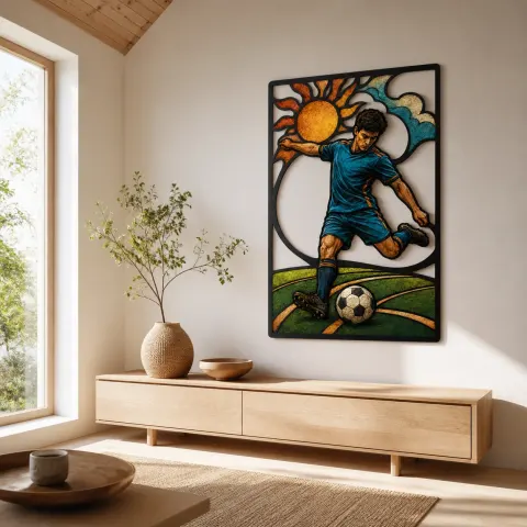 Vista alternativa di Giocatore di Calcio che Calcia la Palla sotto il Sole Raggiante Insegna in Metallo Colorata