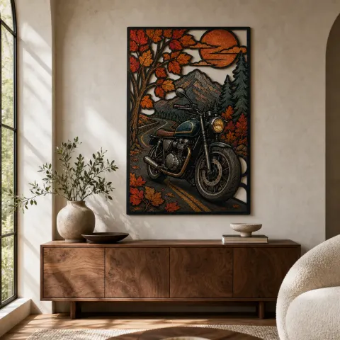 Motocicleta clásica en carretera montañosa de otoño Decoración mural de metal colorida