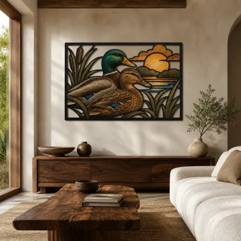 Pareja de patos silvestres sobre un tranquilo pantano Decoración mural de metal colorida