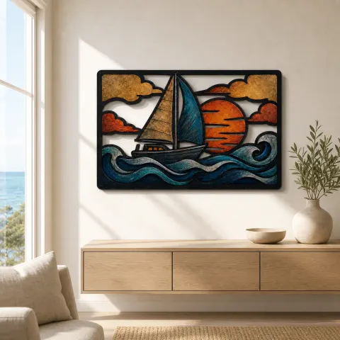 Vista alternativa de Velero en Olas del Océano al Atardecer Decoración Mural de Metal Colorida