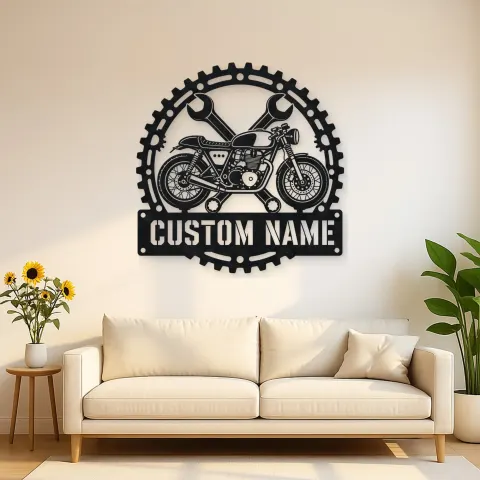 Personalized Cafe Racer Motorcycle Wrench Gear Metal Wall Art