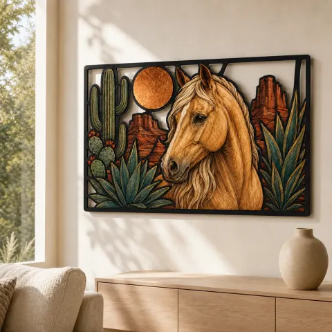 Vista alternativa de Caballo Palomino con Cactus y Luna del Desierto Decoración Mural de Metal Colorida