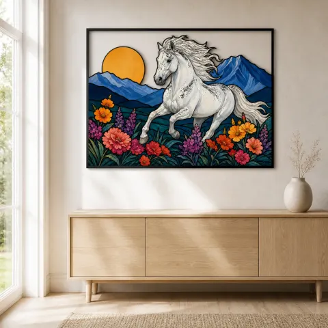 Vista alternativa de Arte Mural de Metal Colorido de Caballo Blanco Corriendo entre Flores Silvestres de Montaña