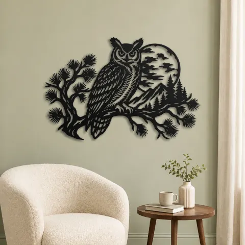 Vue alternative de Owl Moon Branch Metal Wall Art | Wildlife Silhouette Decor