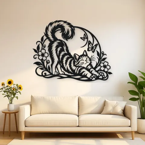 Cat Stretch Flow Metal Wall Art | Pet Lover Silhouette Decor