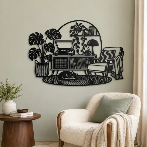 Vue alternative de Record Player Corner Metal Wall Art | Music Room Wall Decor