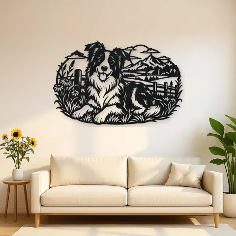 Border Collie Field Metal Wall Art | Pet Lover Silhouette Decor