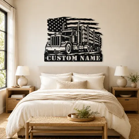 Vue alternative de Décoration murale en métal personnalisée de camion semi-logistique avec drapeau américain