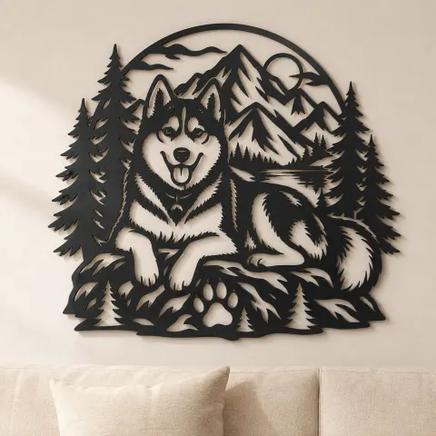 Husky Mountain Metal Wall Art | Pet Lover Silhouette Decor