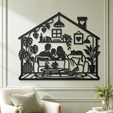 Vue alternative de Minimal House Family Metal Wall Art | Family Silhouette Decor