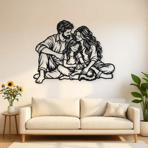 Family with Cat Metal Wall Art | Pet Lover Silhouette Decor