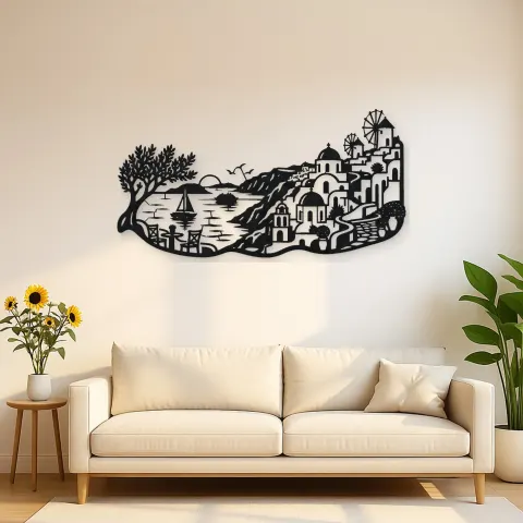 Santorini Coastal Line Metal Wall Art | Travel and City Wall Decor