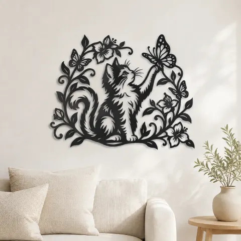 Cat and Butterfly Vine Metal Wall Art | Pet Lover Silhouette Decor