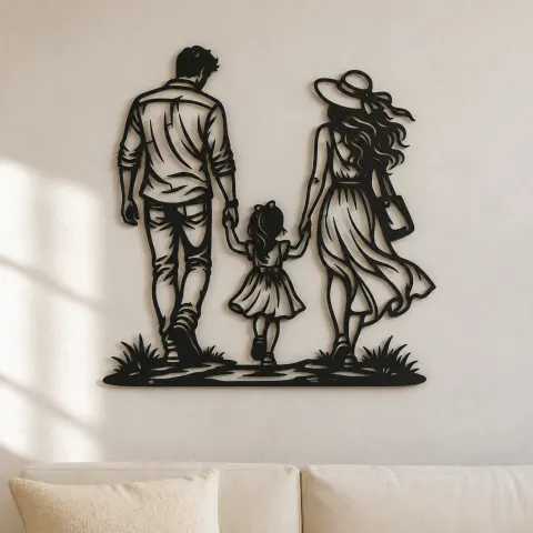 Family of Three Walk Metal Wall Art | Family Silhouette Decor