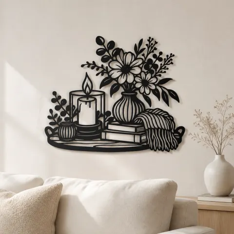 Candle and Flowers Metal Wall Art | Cozy Home Metal Decor