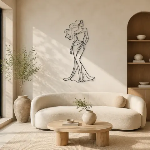 Décoration murale en métal "Élégance des cheveux flottants" | Décor mural figure de mode