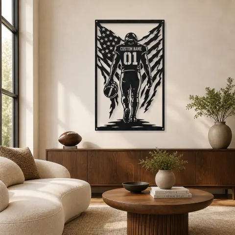 Décoration murale en métal personnalisée avec joueur de football numéro 01 et le drapeau américain