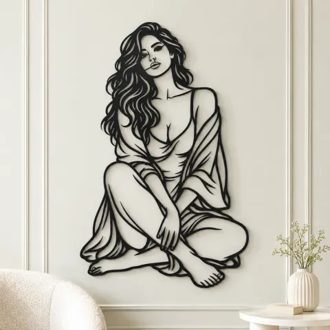 Vue alternative de Folded Legs Muse Metal Wall Art | Minimalist Woman Line Art