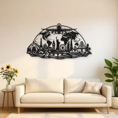 Airplane World Arc Metal Wall Art | Travel and City Wall Decor
