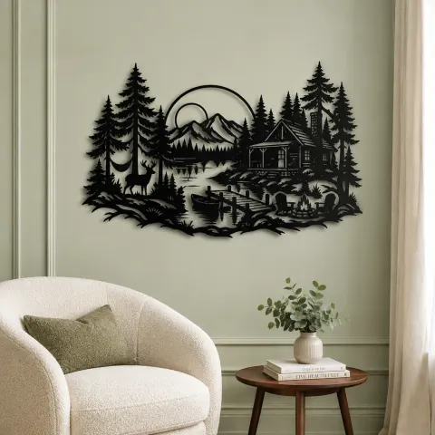 Vue alternative de Lakeside Forest Cabin Metal Wall Art | Nature Silhouette Decor