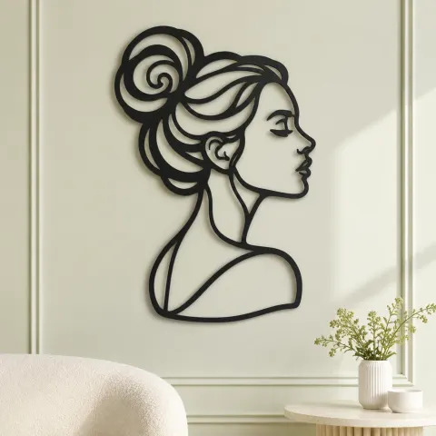 Vue alternative de Hair Bun Profile Metal Wall Art | Minimalist Woman Line Art