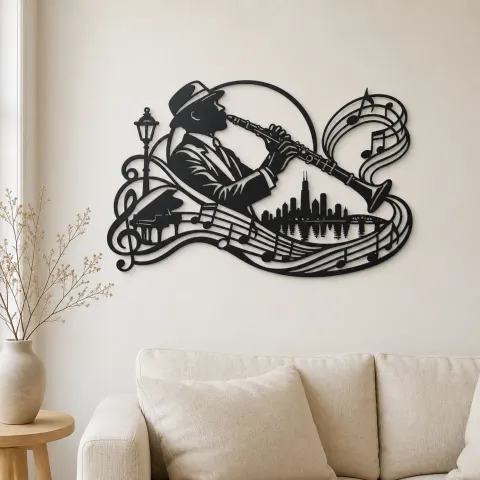 Clarinet Jazz Arc Metal Wall Art | Music Room Wall Decor