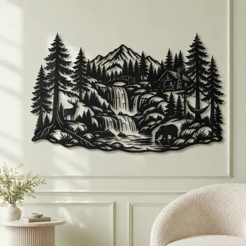 Vue alternative de Forest Waterfall Metal Wall Art | Nature Silhouette Decor