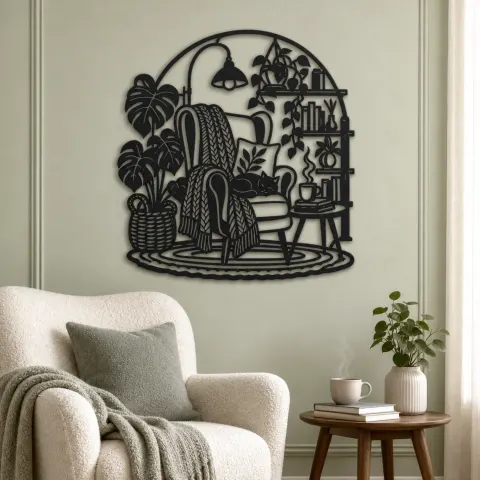 Vue alternative de Reading Chair Corner Metal Wall Art | Cozy Home Metal Decor