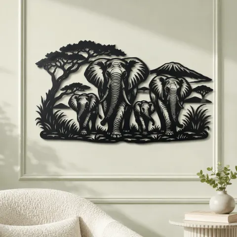Vue alternative de Elephant Family Walk Metal Wall Art | Wildlife Silhouette Decor