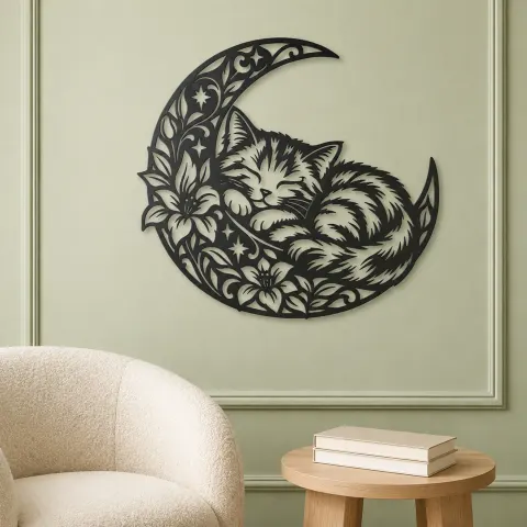 Vue alternative de Sleeping Cat Crescent Metal Wall Art | Pet Lover Silhouette Decor