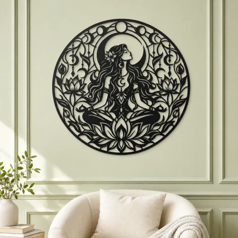 Vue alternative de Lotus Moon Woman Metal Wall Art | Minimalist Woman Line Art