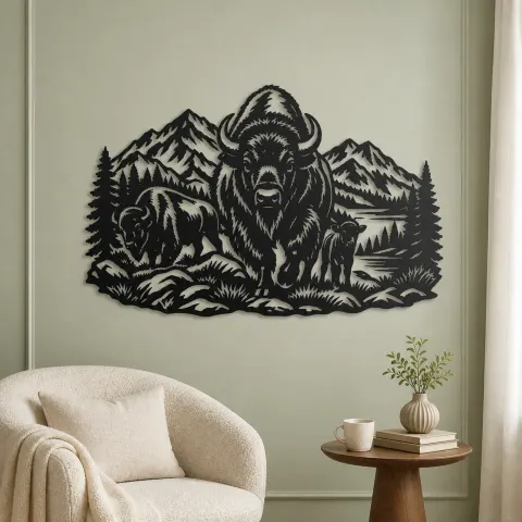 Vue alternative de Buffalo Mountain Metal Wall Art | Wildlife Silhouette Decor